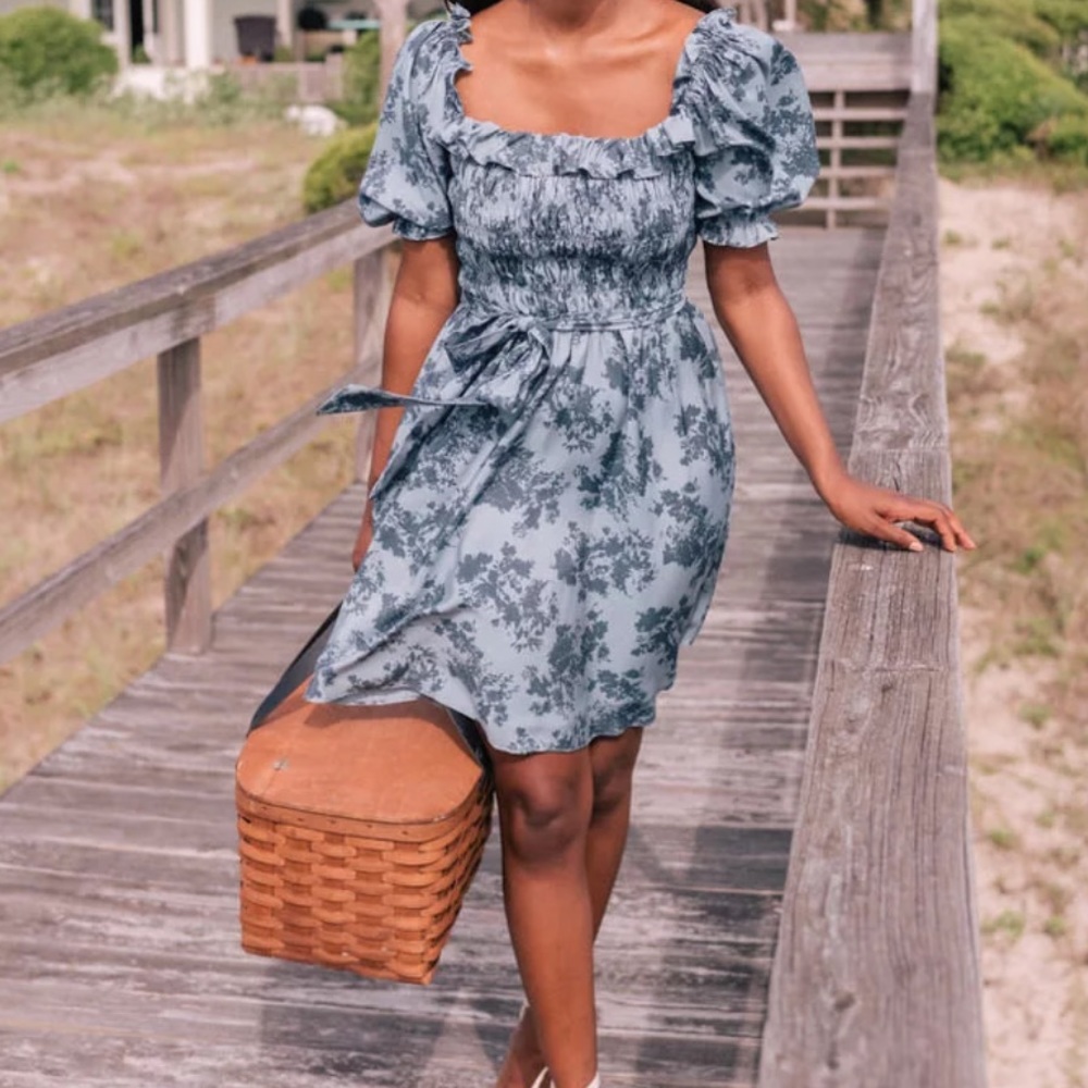 Gal Meets Glam Shiloh Floral Smocked Dress Cottagecore Size 4 Blue